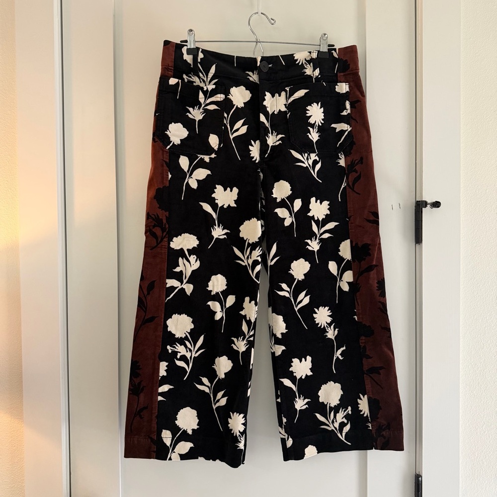 Maeve Black & Cream Floral Wide-Leg Pants with Brown Side Panels